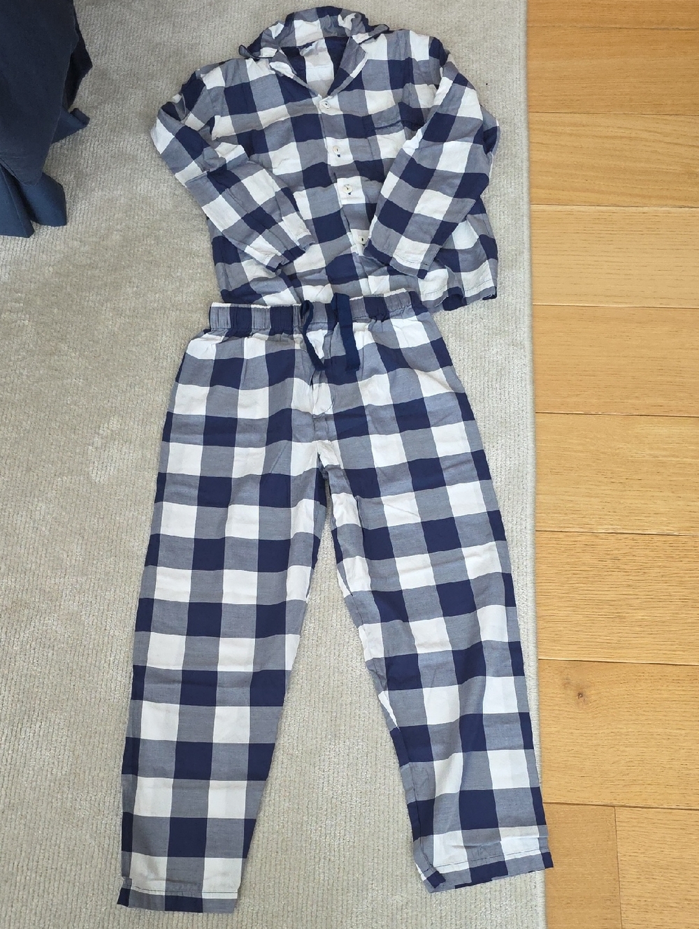 Hastens Navy and White Large Check Button-Up Pajama Set, Size Small